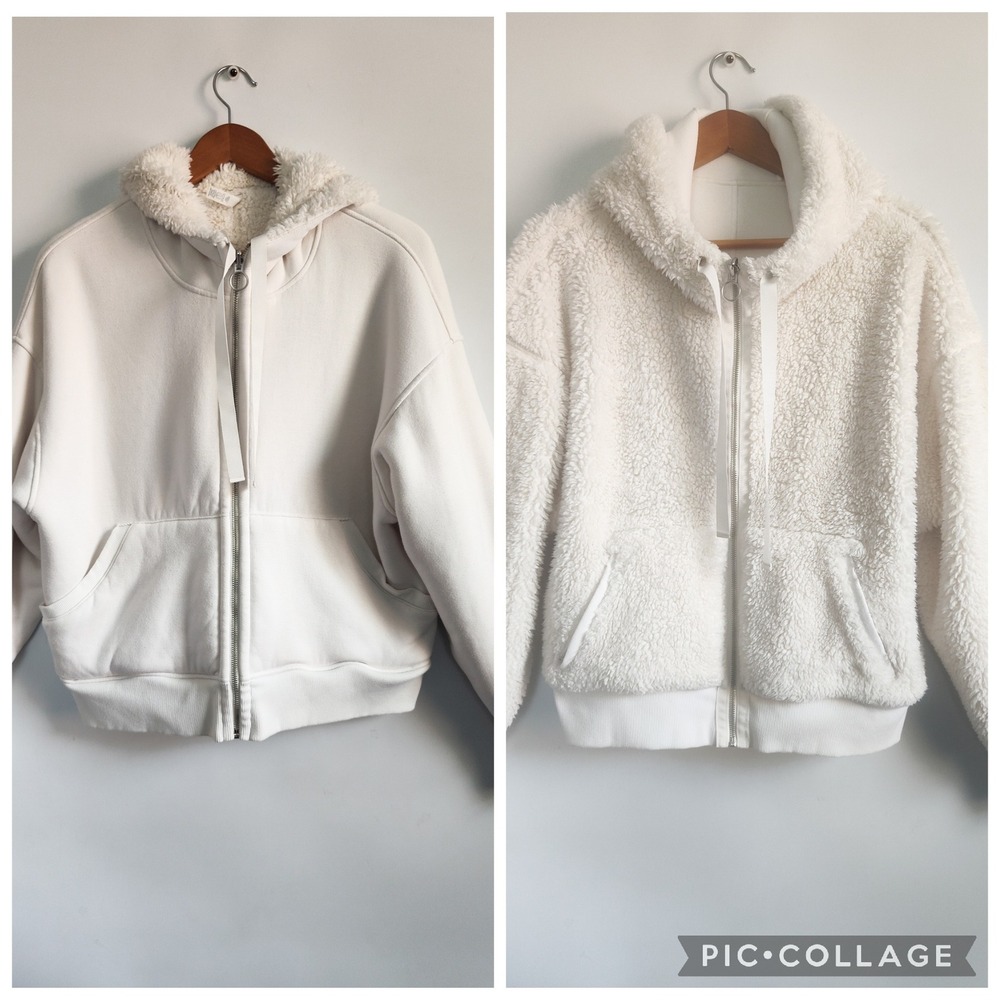 Athleta Hoodie Large Reversible Full Zip Sherpa‎ White Cozy Athleisure Soft Cozy